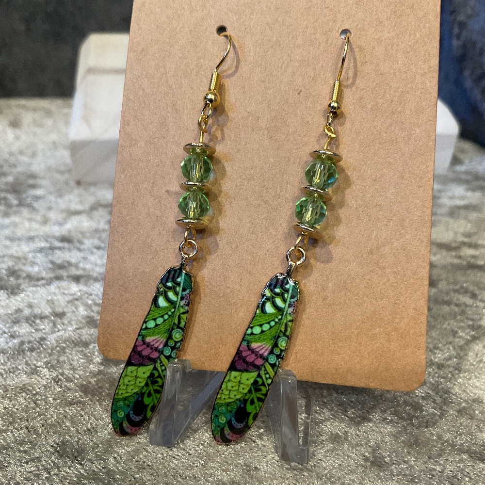 Green Feather Dangle Pierced Earrings